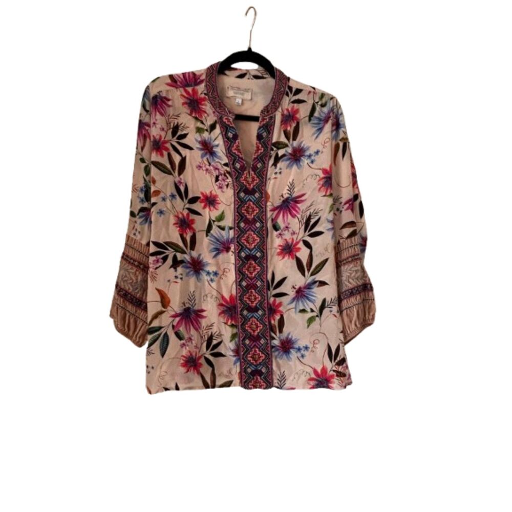 Johnny Was Workshop Silk Floral Velvet Embroidered Boho Blouse in Blush Pink S
